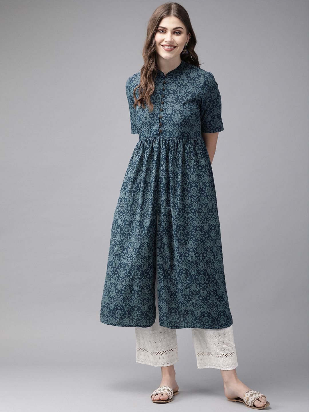Anouk Women Navy Blue Printed A-Line Kurta with Gathered Detail