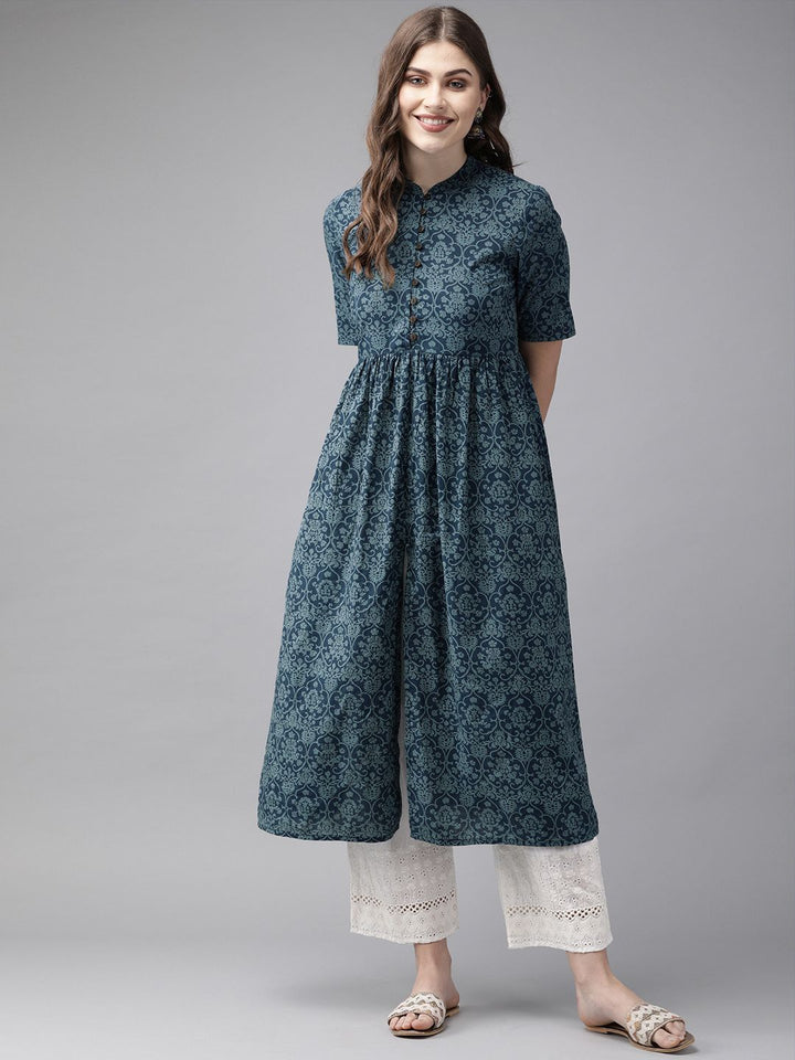 Anouk Women Navy Blue Printed A-Line Kurta with Gathered Detail