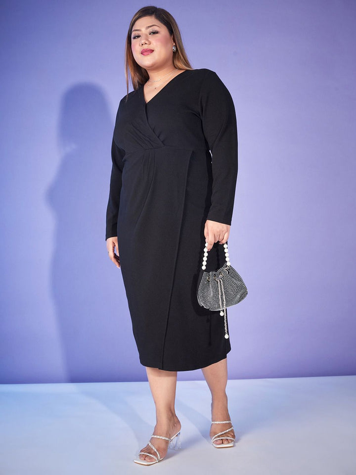 SASSAFRAS Curve Plus Size Black V-Neck Sheath Midi Dress
