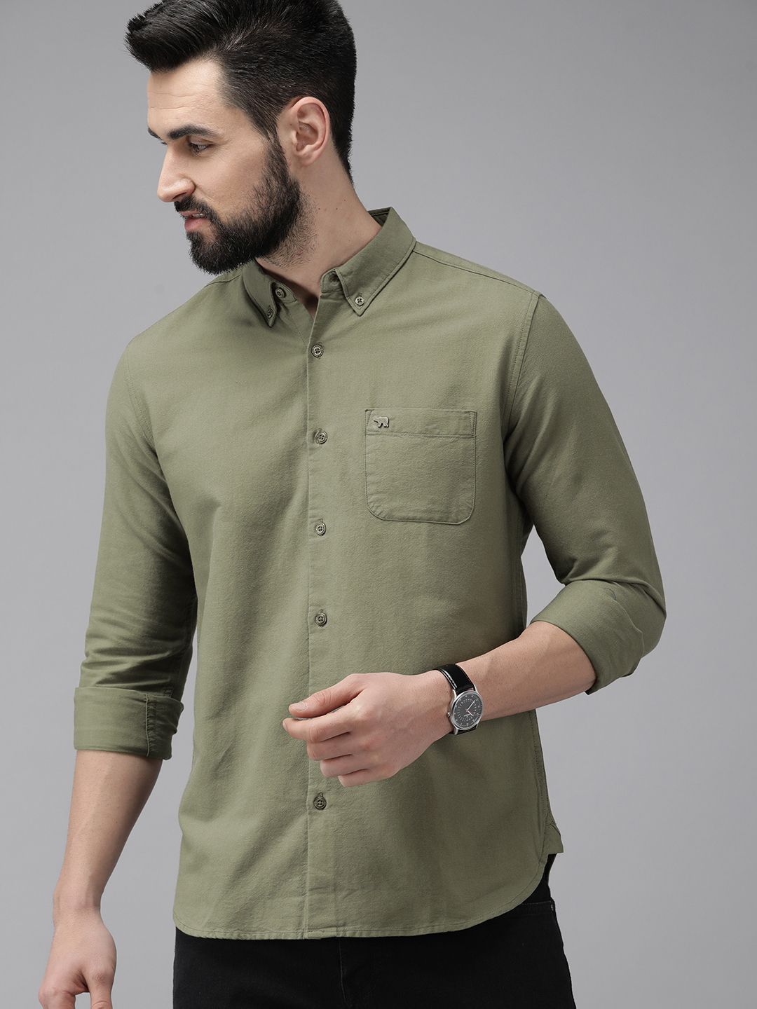 THE BEAR HOUSE Men Olive Green Solid Slim Fit Cotton Casual Shirt