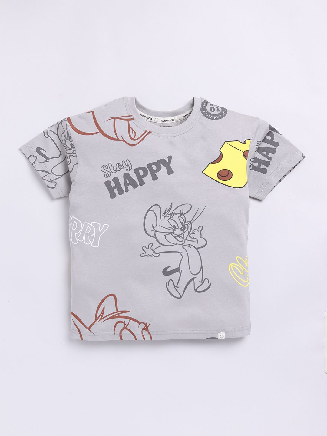 Happy Faces Boys Tom & Jerry Print Drop-Shoulder Sleeves Pure Cotton T-shirt