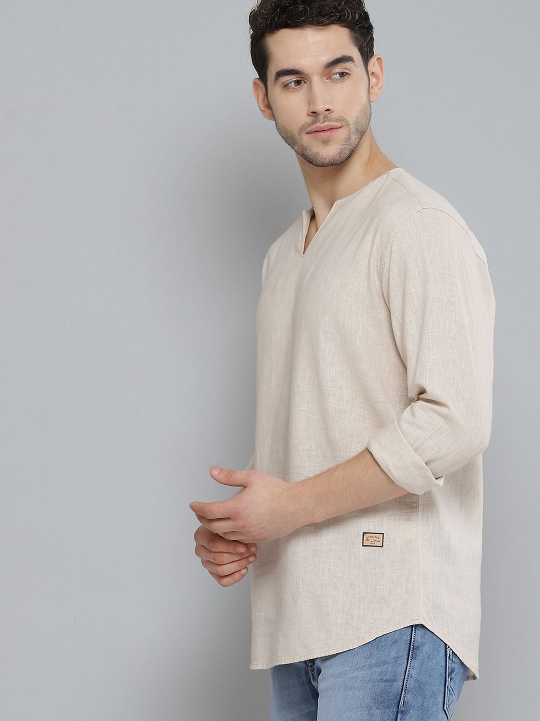 DENNISON Men Beige Comfort Fit Solid Shirt Style Kurta