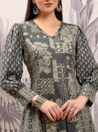 Vishudh Ethnic Motifs Printed V-Neck Puff Cuffed SleevesCotton A-Line Midi Dress