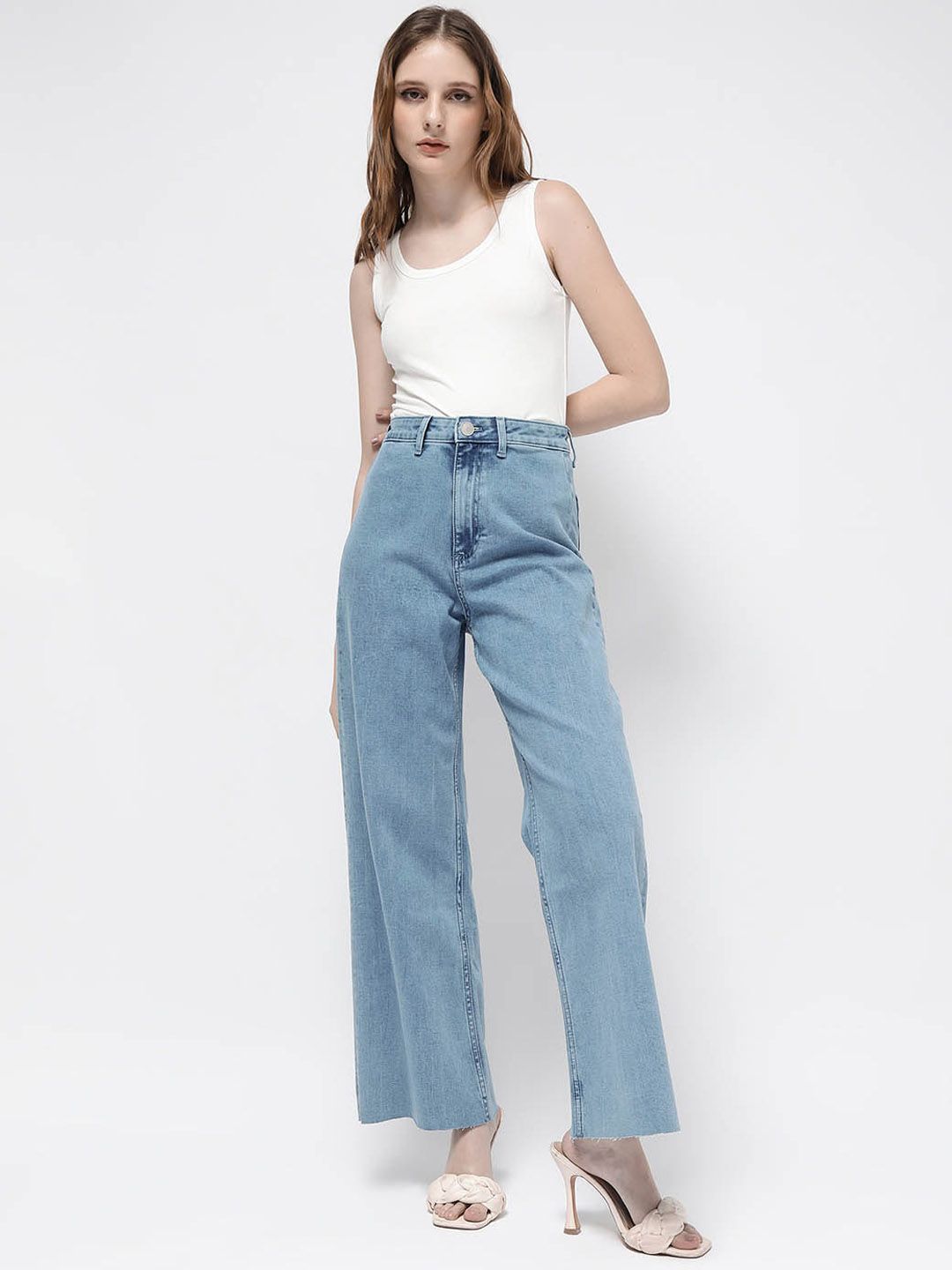 RAREISM Women Comfort Wide Leg High-Rise Clean Look Cotton Jeans