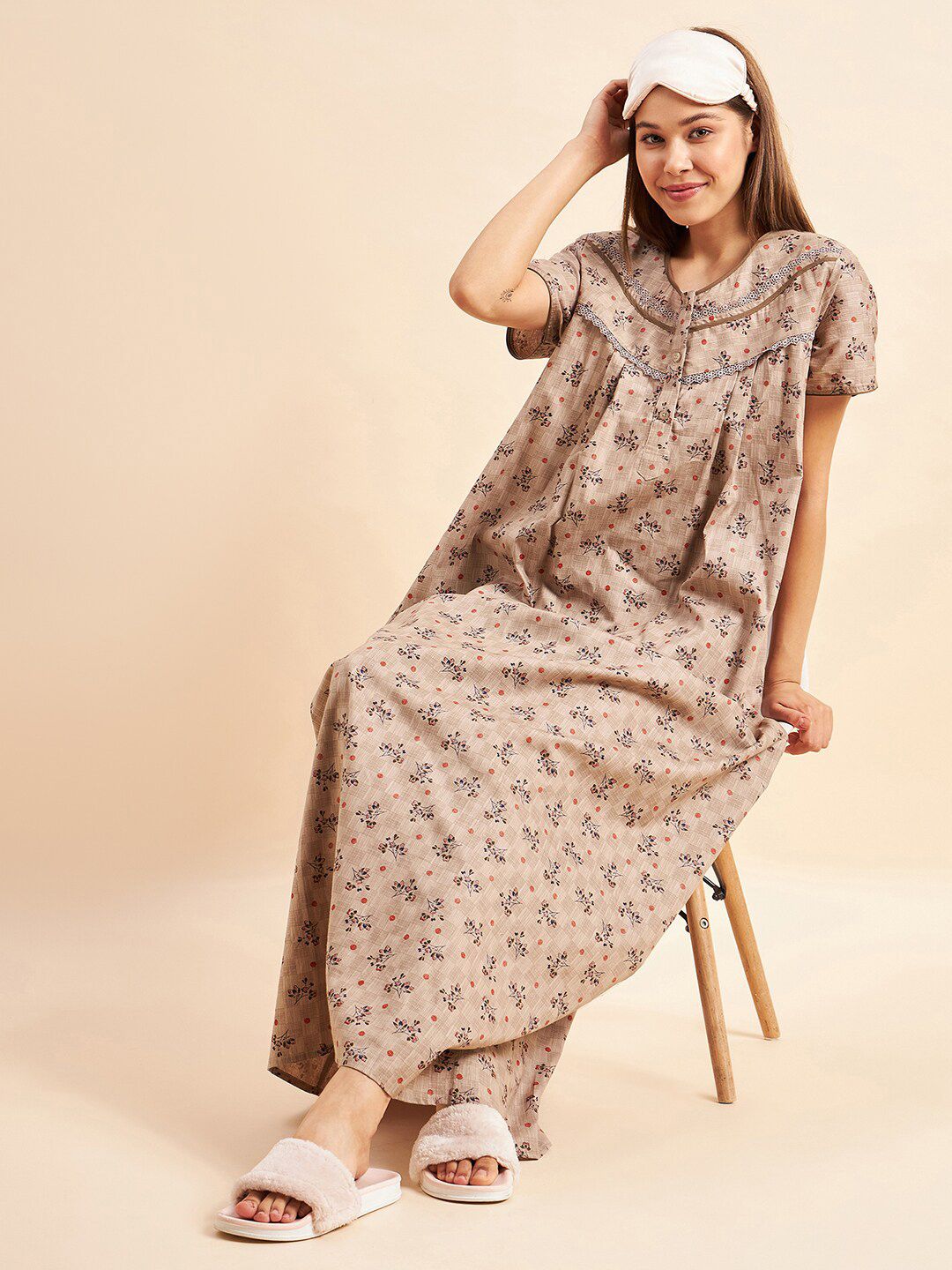 Sweet Dreams Brown Floral Printed Pure Cotton Maxi Nightdress