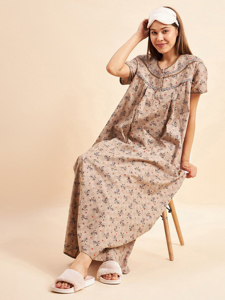Sweet Dreams Brown Floral Printed Pure Cotton Maxi Nightdress
