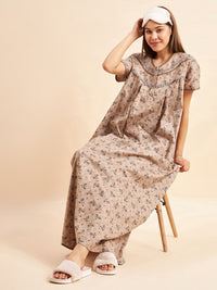 Sweet Dreams Brown Floral Printed Pure Cotton Maxi Nightdress