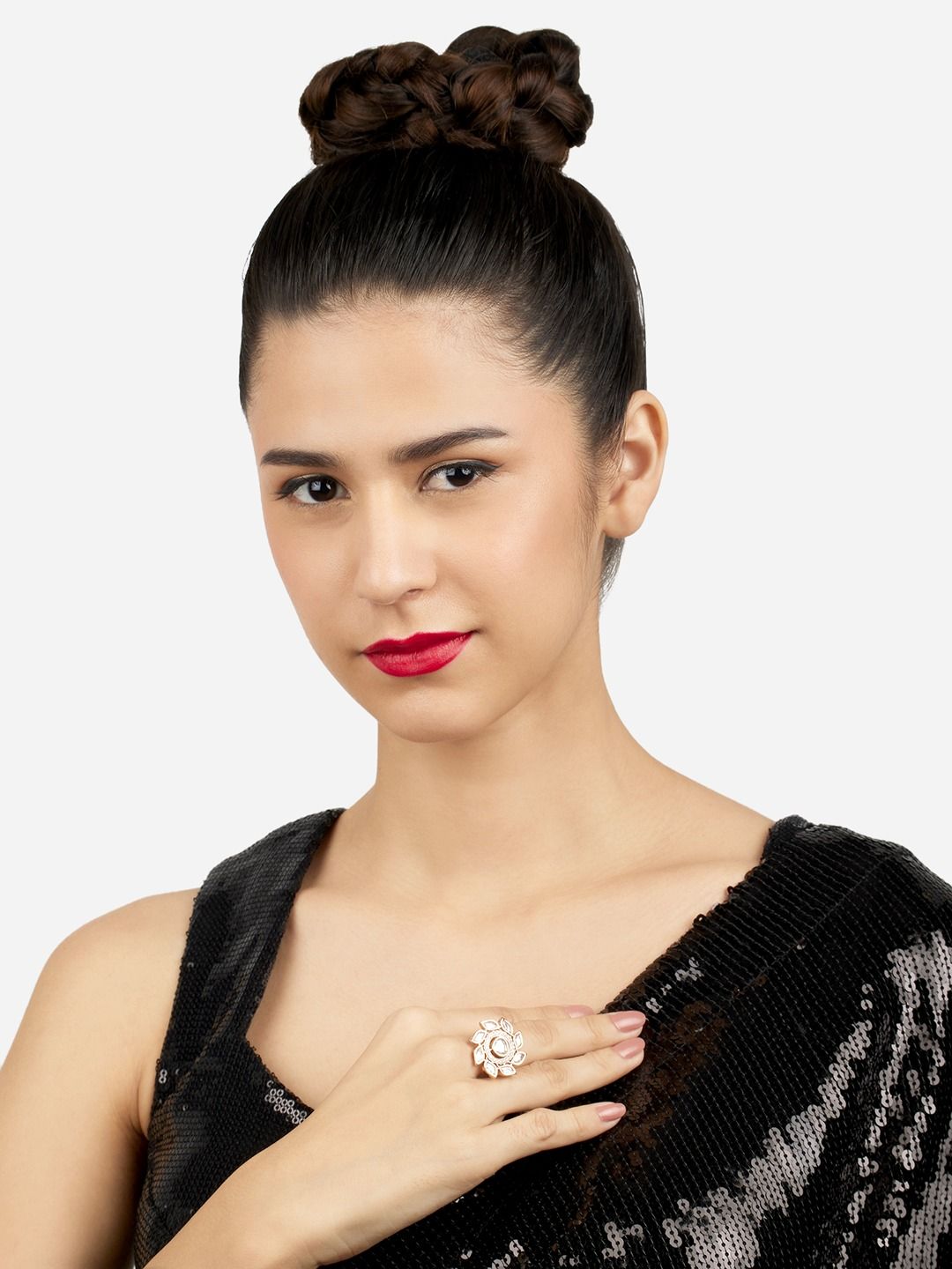 Cincin Jari Boleh Laras Zaveri Pearls Rose Saduran Emas CZ
