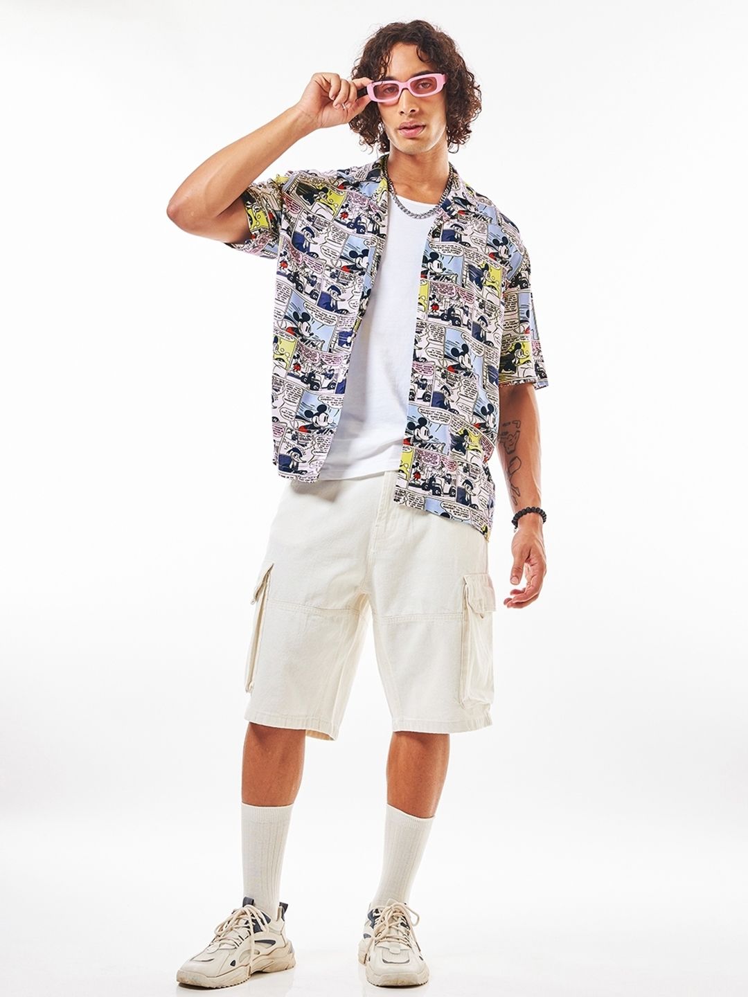 Bewakoof Mickey Mouse Graphic Printed Cuban Collar Oversized Shirt