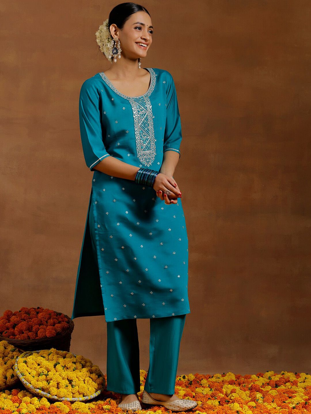 Gerua By Libas Floral Embroidered Sequinned Kurta With Trousers & Dupatta