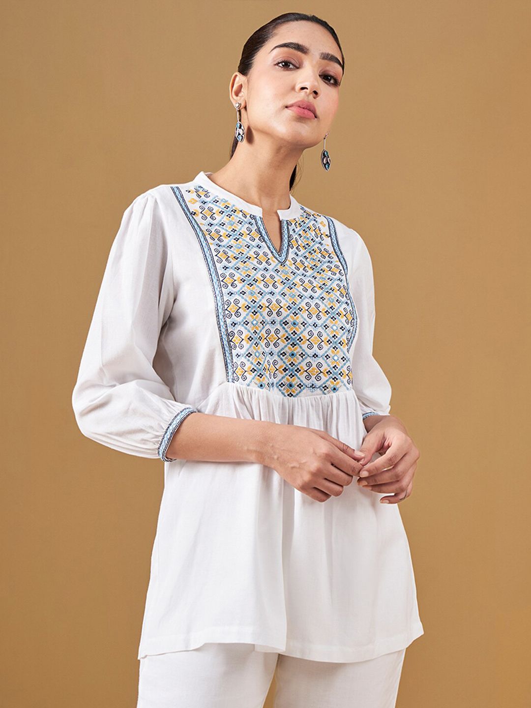 Global Desi Geometric Embroidered Mandarin Collar A-Line Top