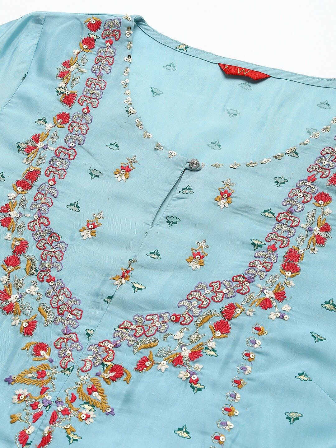 W Blue Ethnic Motifs Keyhole Neck Ethnic Maxi Dress