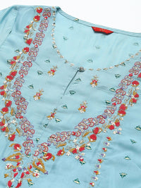 W Blue Ethnic Motifs Keyhole Neck Ethnic Maxi Dress