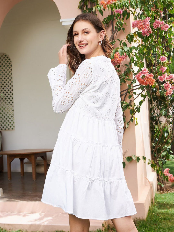 Athena White Schiffli Tiered A-Line Cotton Dress