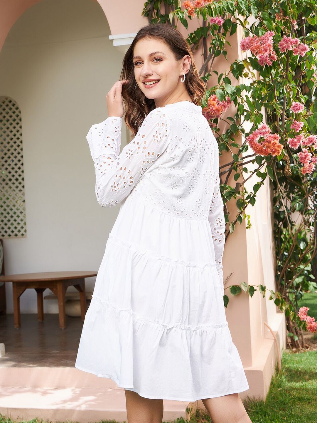 Athena White Schiffli Tiered A-Line Cotton Dress