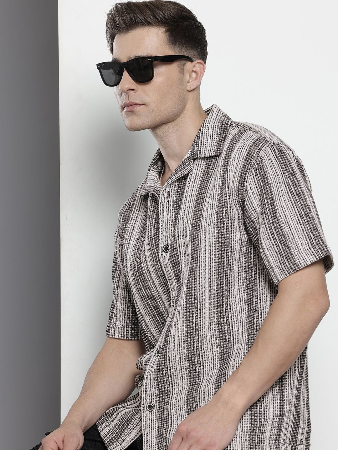 The Indian Garage Co Pure Cotton Striped & Waffle Textured Relaxed Fit Casual Shirt