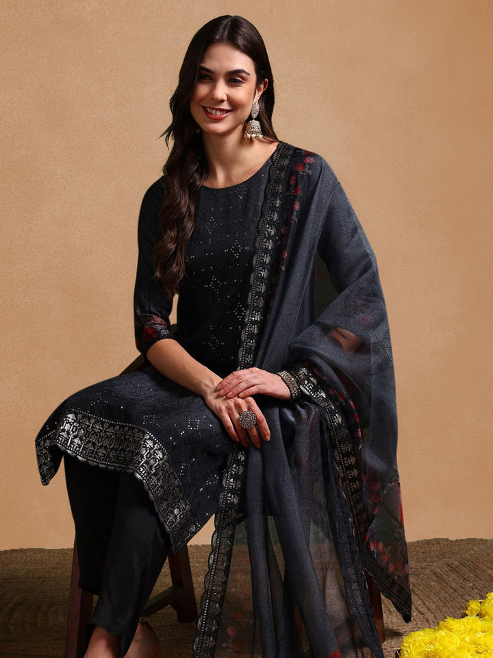KALINI Floral Embroidered Sequinned Organza Straight Kurta With Trousers & Dupatta