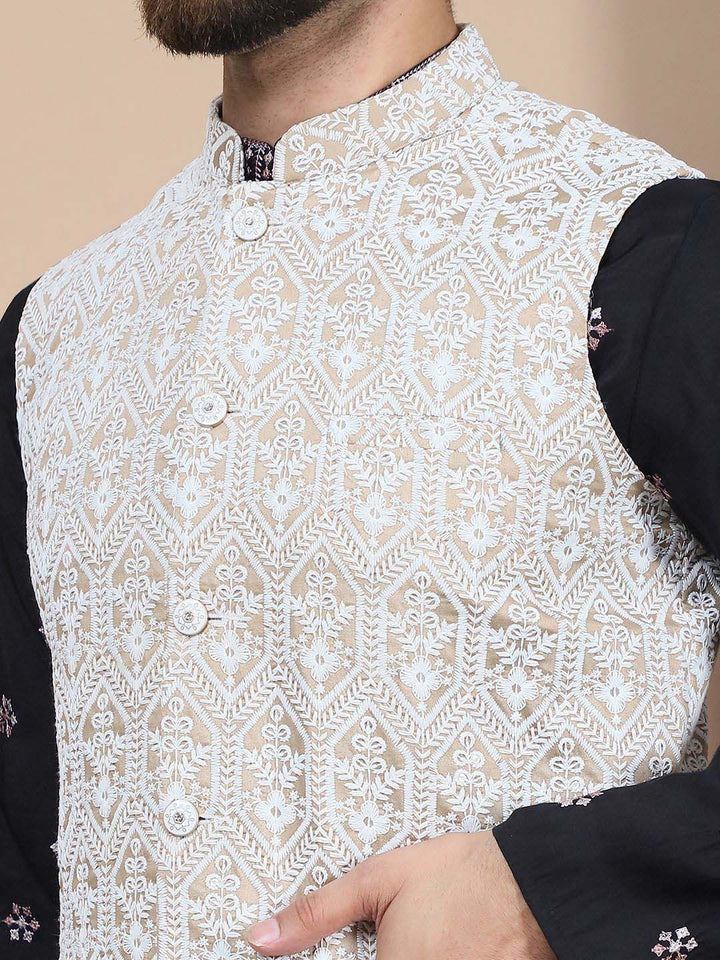 Anouk Black Embroidered Sequinned Cotton Silk Straight Kurta & Churidar & Nehru jacket