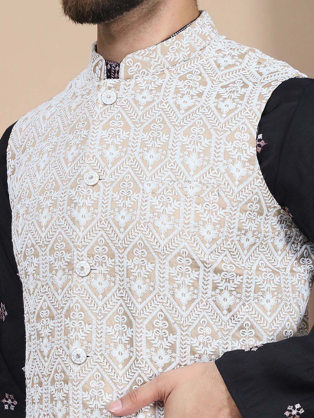 Anouk Black Embroidered Sequinned Cotton Silk Straight Kurta & Churidar & Nehru jacket