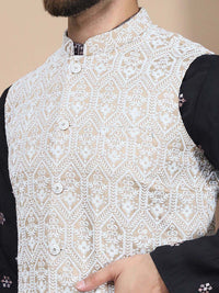 Anouk Black Embroidered Sequinned Cotton Silk Straight Kurta & Churidar & Nehru jacket