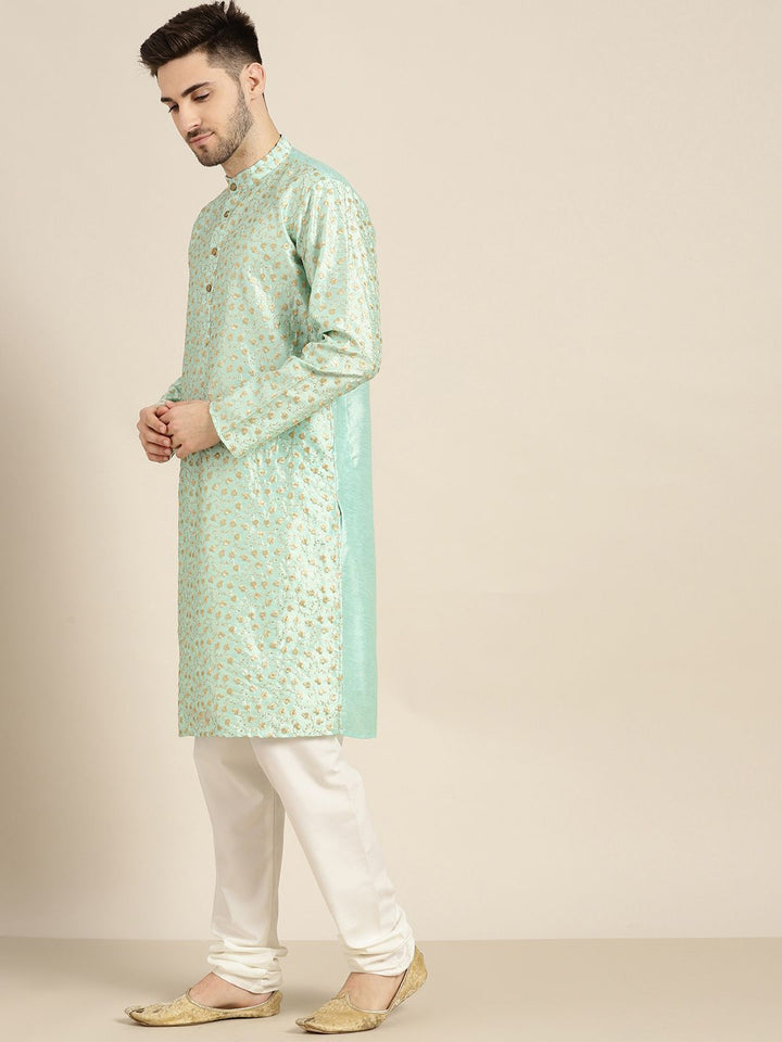 SOJANYA Kurta Bunga Hijau Laut & Berwarna Emas Lelaki
