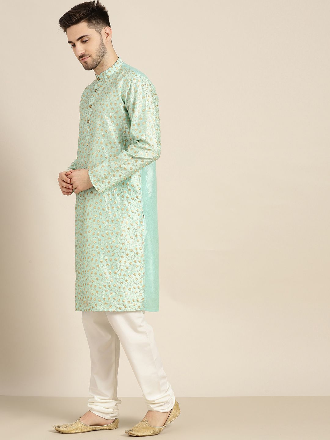 SOJANYA Kurta Bunga Hijau Laut & Berwarna Emas Lelaki