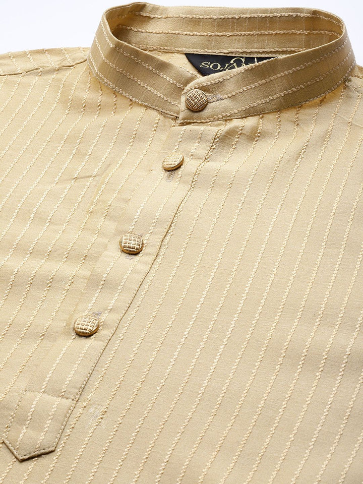 SOJANYA Men Gold Striped Thread Work Straight Kurta Churidar & Nehru Jacket
