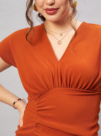 Antheaa Orange V-Neck Extended Sleeves Sheath Midi Dress