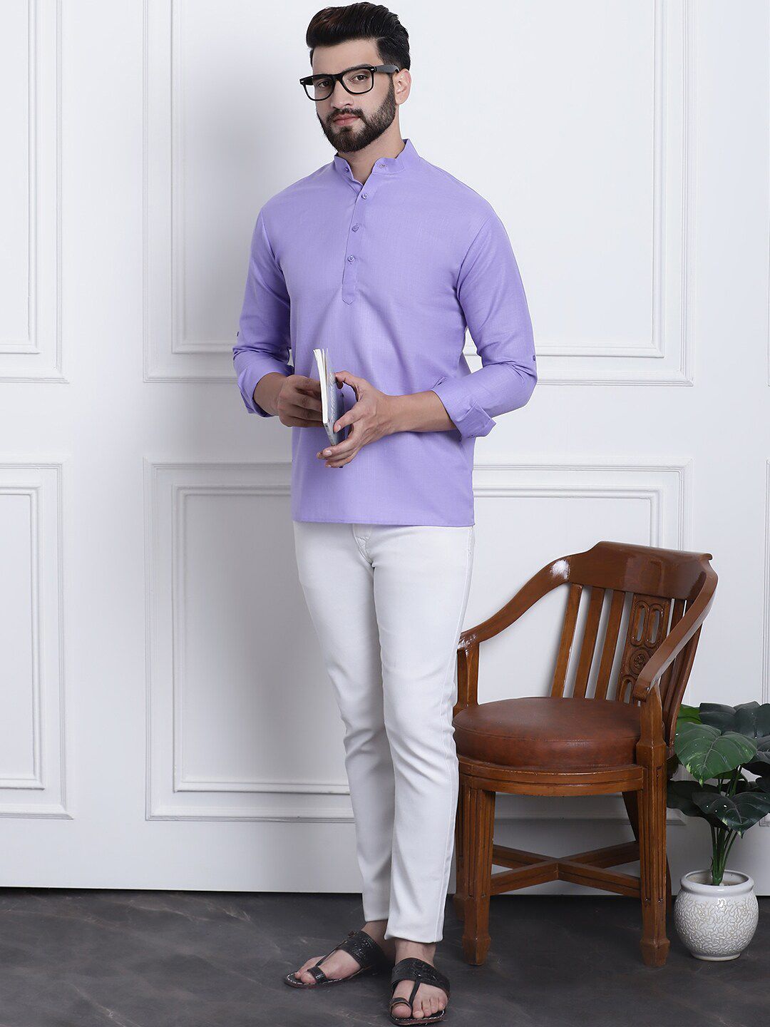 SOJANYA Mandarin Collar Roll Up Sleeves Kurta
