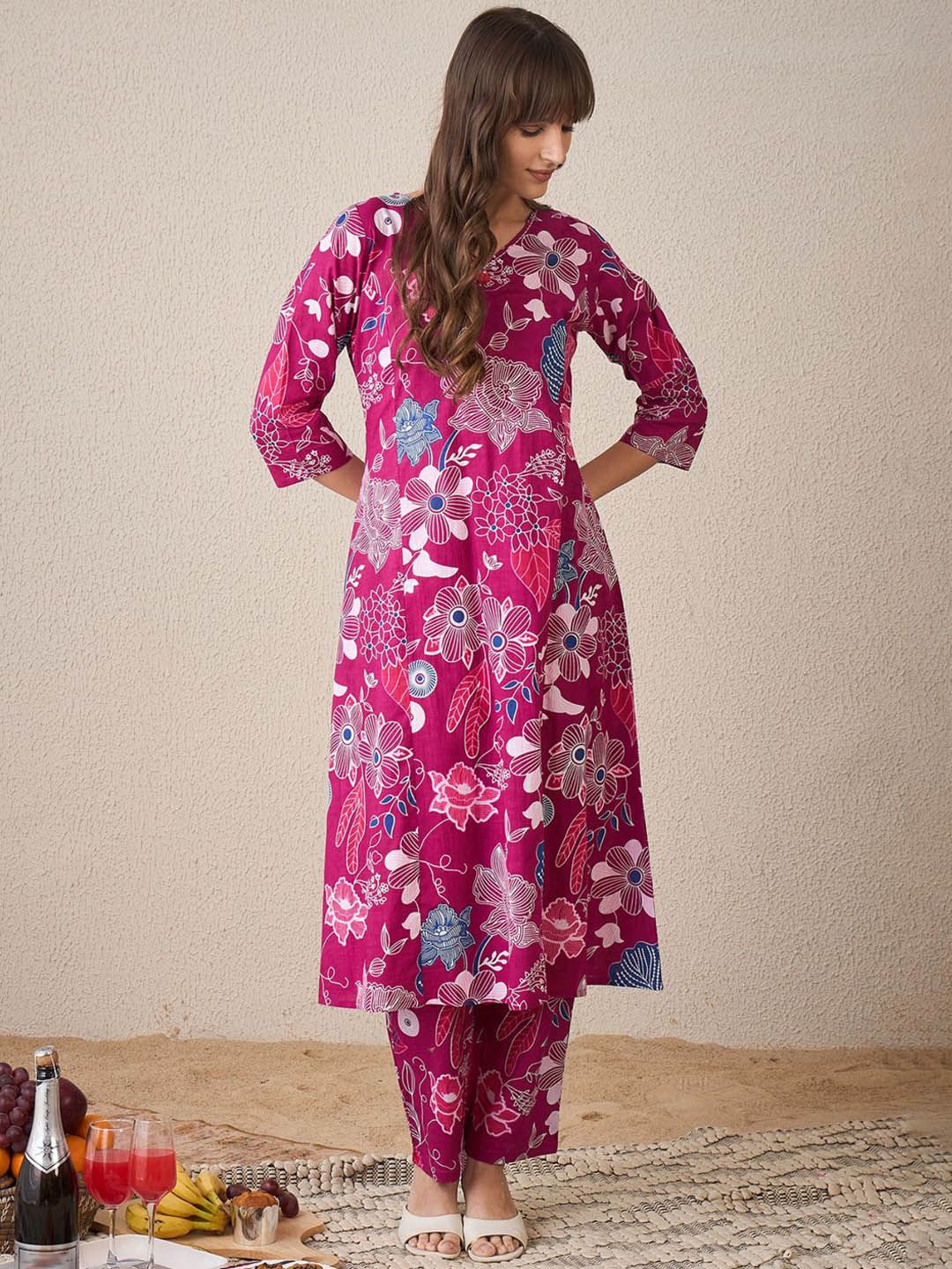 Indo Era Women Floral Printed Regular Pure Cotton Kurta with Trousers