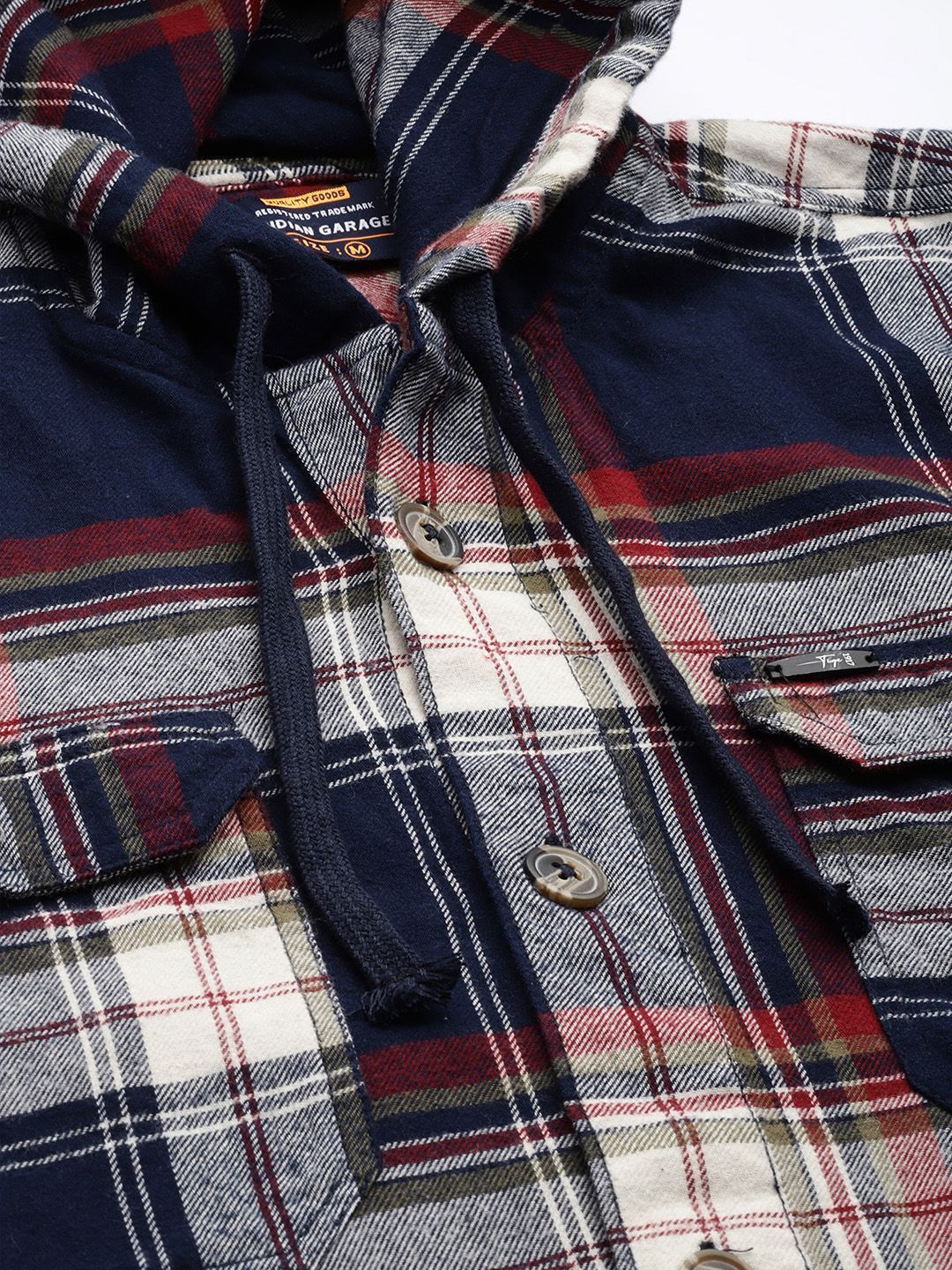 The Indian Garage Co Men Checkered Hooded Shirt with Double Flap Pockets