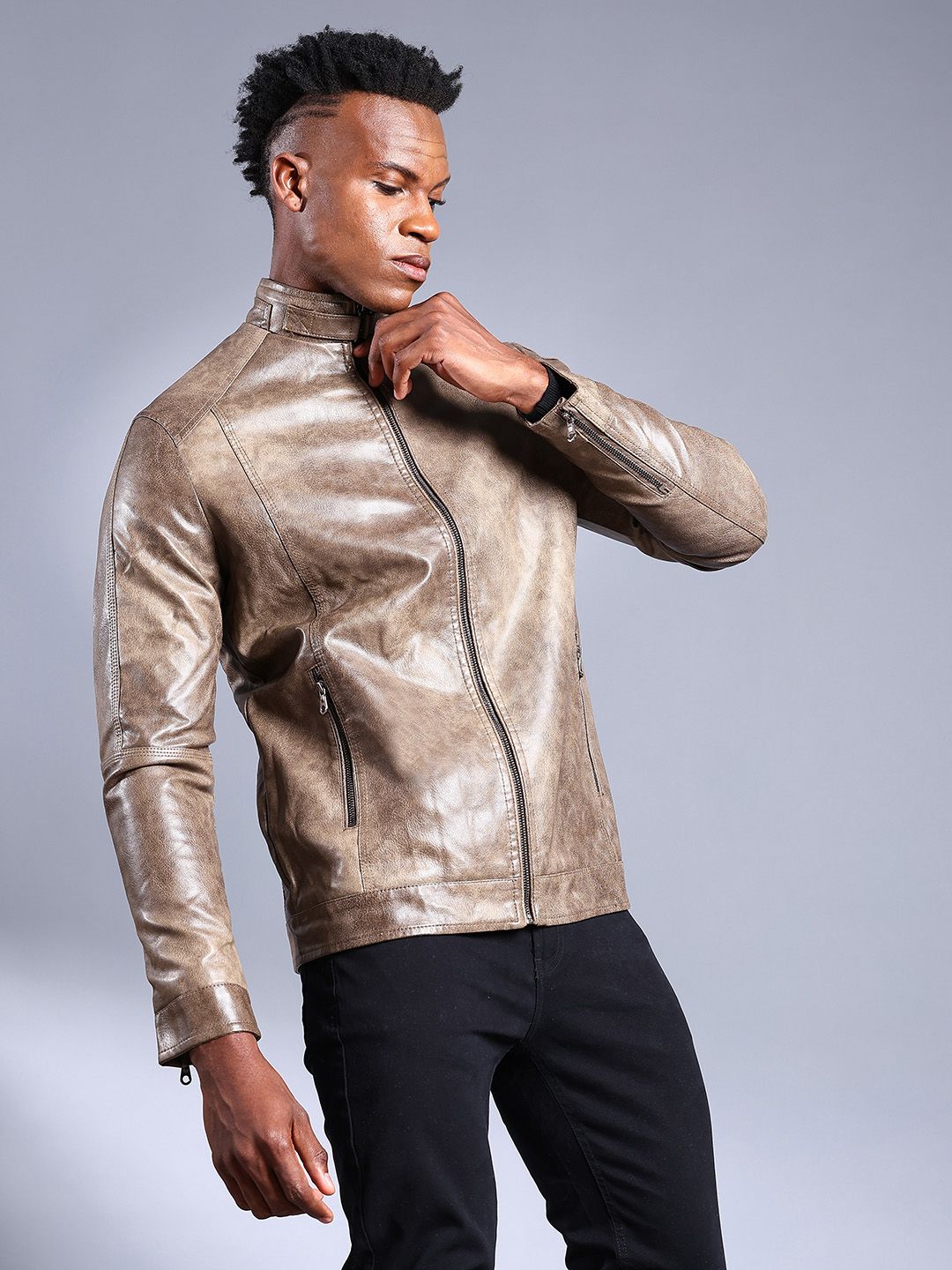 The Indian Garage Co Men Slim Fit Zip-Front Faux Biker Jacket