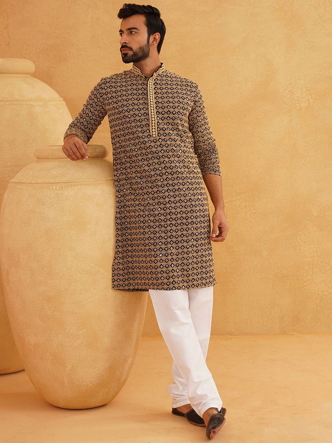 SOJANYA Geometric Embroidered Regular Sequinned Pure Cotton Kurta With Churidar