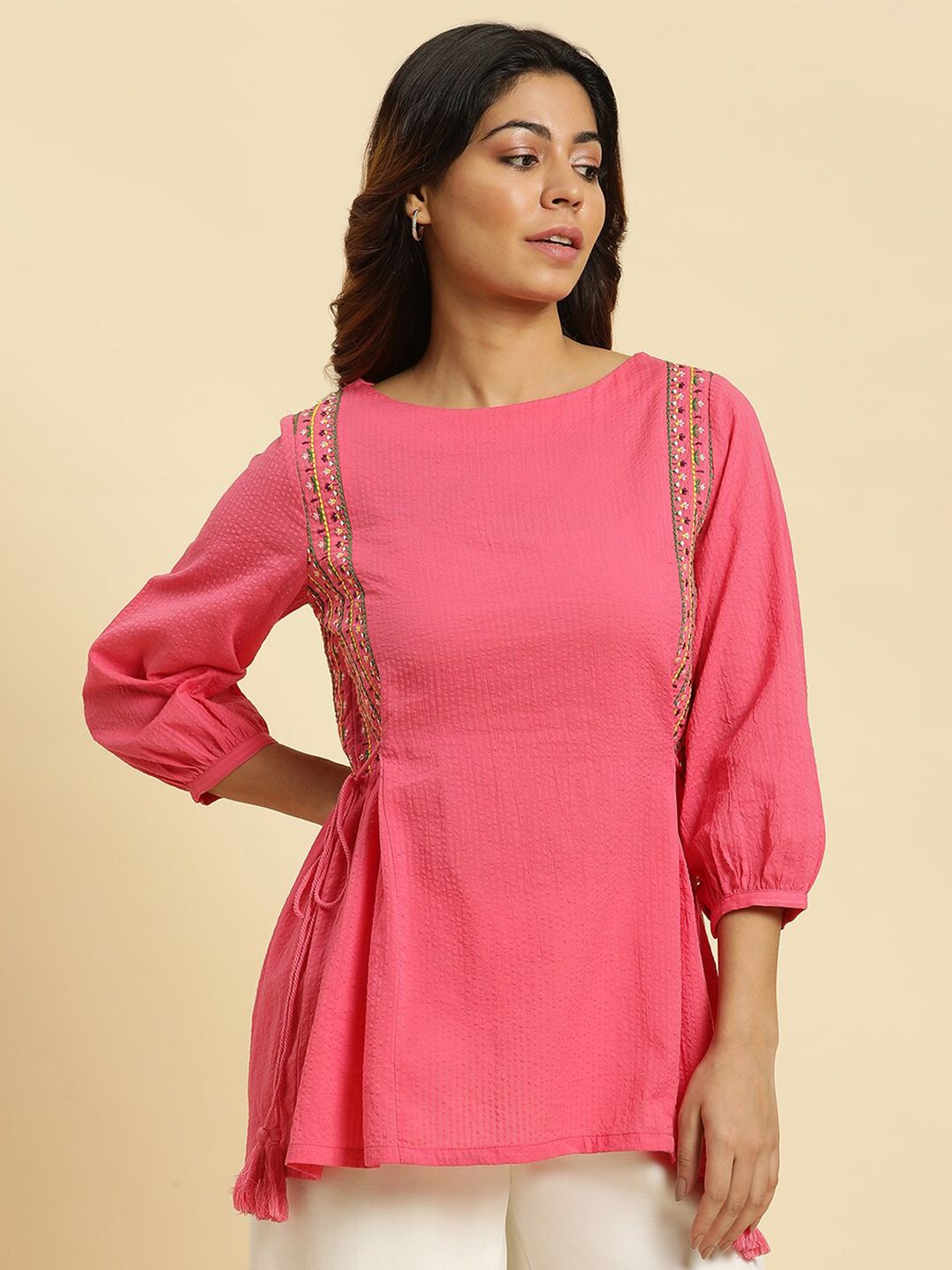 W Round Neck Embroidered Pure Cotton Top