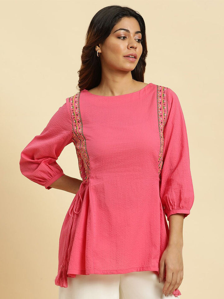 W Round Neck Embroidered Pure Cotton Top