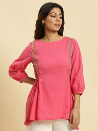W Round Neck Embroidered Pure Cotton Top