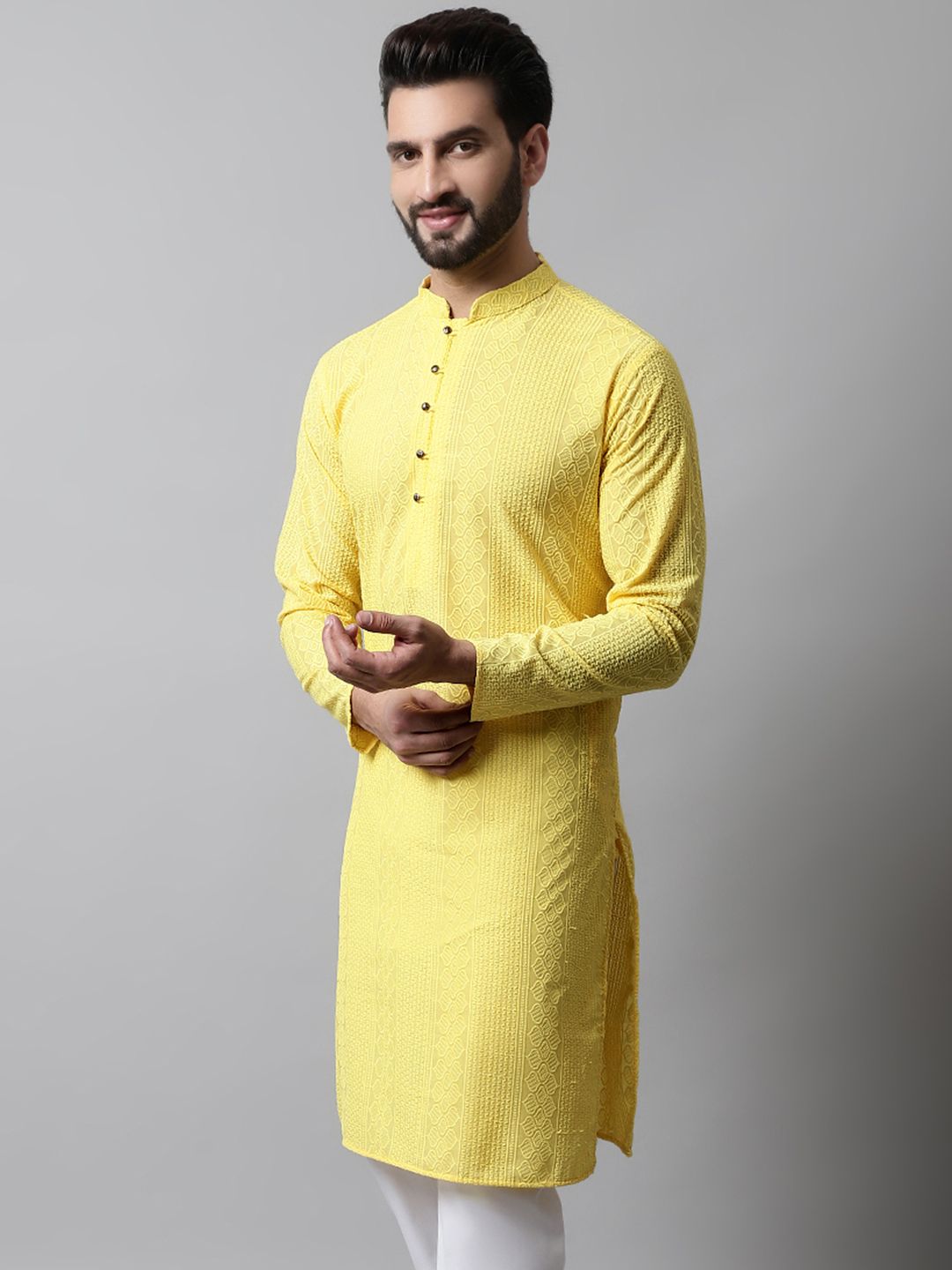 Jompers Men Yellow Thread Work Floral Kurta