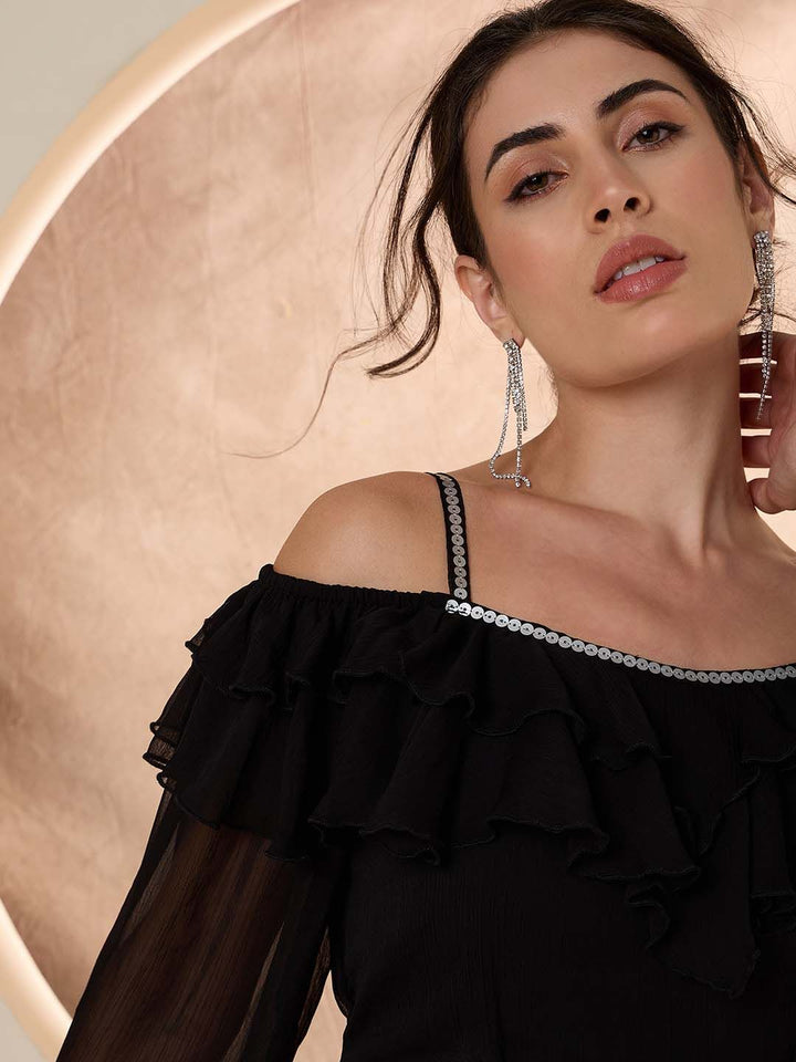 Antheaa Embellished Puff Sleeve frilled Fit and Flare Midi Dress