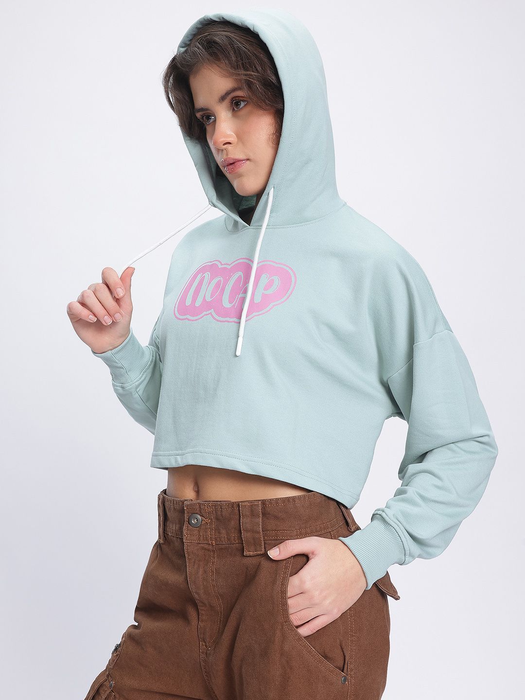 DressBerry Boxy Printed Hooded Cropped Sweatshirt