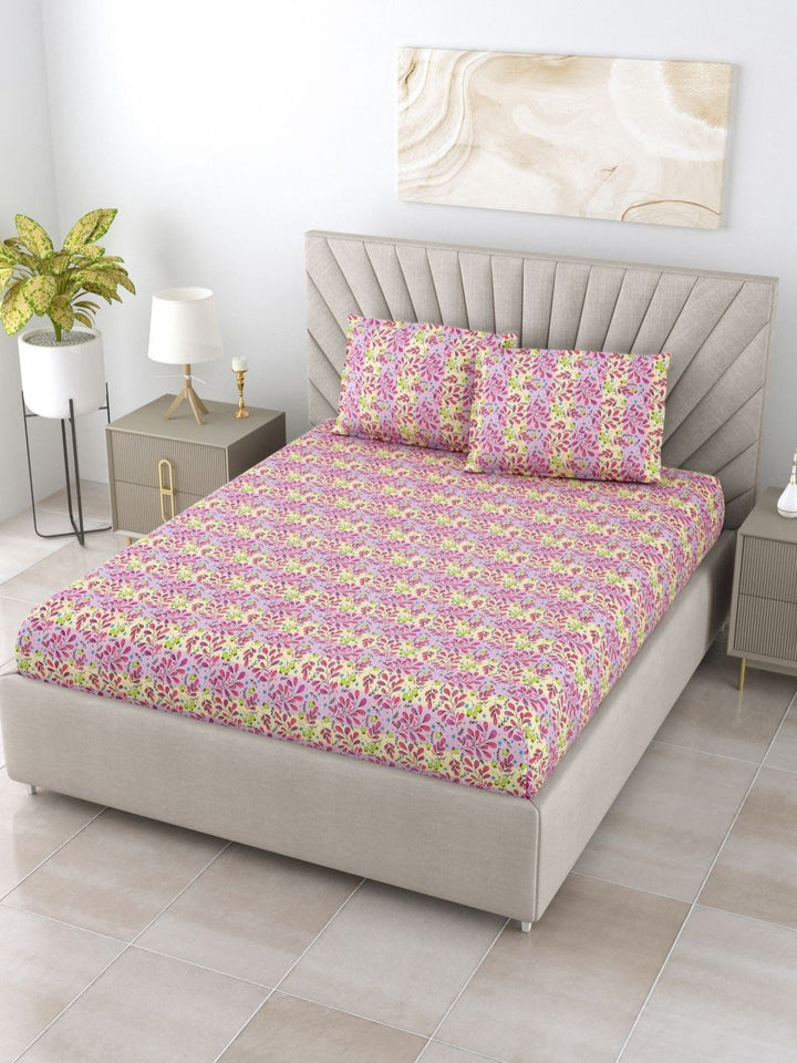 BOMBAY DYEING Dream Lover Violet Floral Cotton 104 TC Queen Bedsheet Set 2.54 x 2.24m