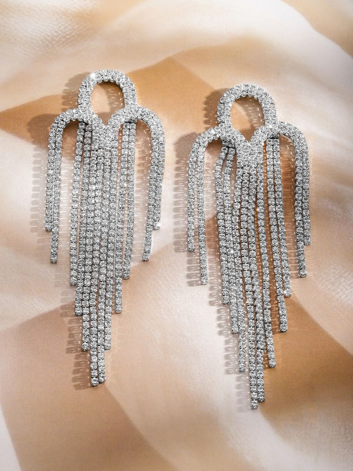Rubans Rhodium-Plated Crystal Crystal Studded Contemporary Drop Earrings