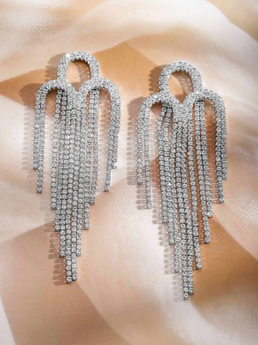 Rubans Rhodium-Plated Crystal Crystal Studded Contemporary Drop Earrings