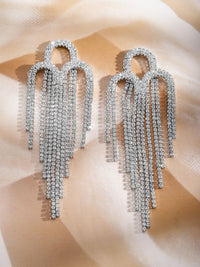 Rubans Rhodium-Plated Crystal Crystal Studded Contemporary Drop Earrings