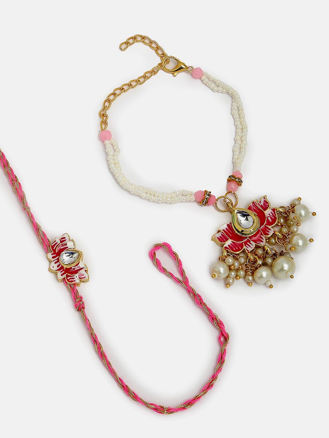 NVR Set of 2 Lotus Stone-Studded & Beaded Bhaiya Bhabhi Rakhi with Roli Chawal