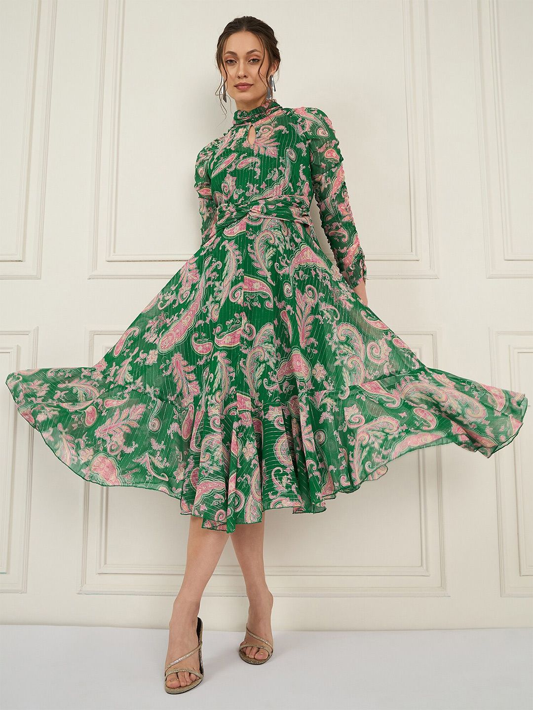 Antheaa Floral Printed Chiffon High Neck Fit & Flare Midi Dress