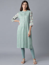 W Women Blue Geometric Checked Flared Sleeves Thread Work Kurta