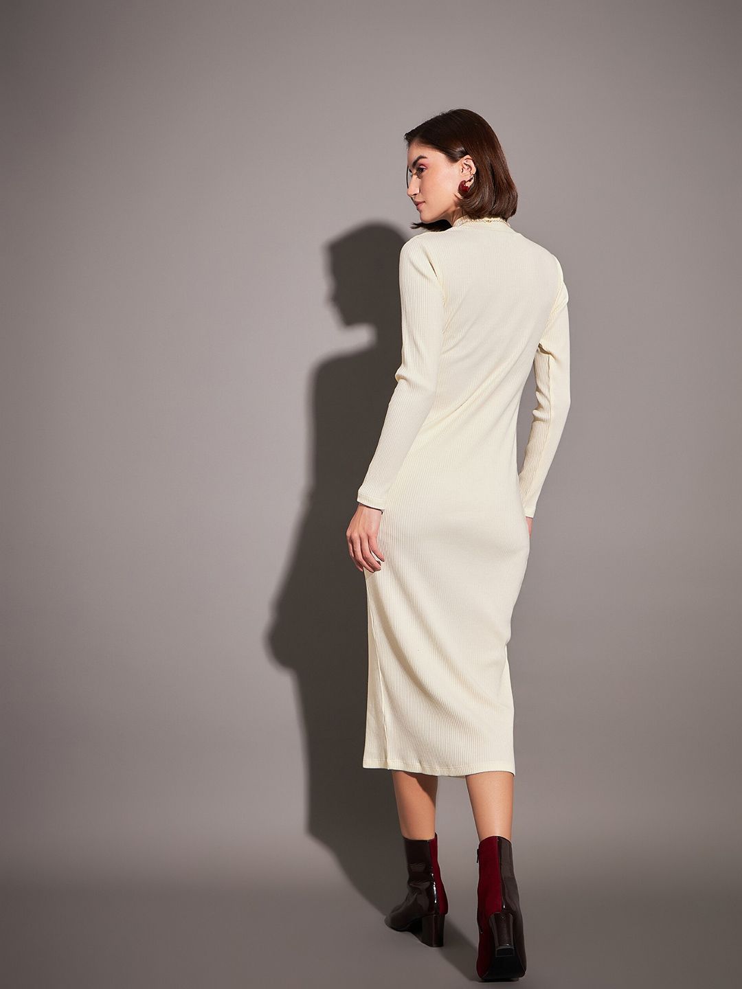 SASSAFRAS Off White Self Design High Neck Sheath Dress