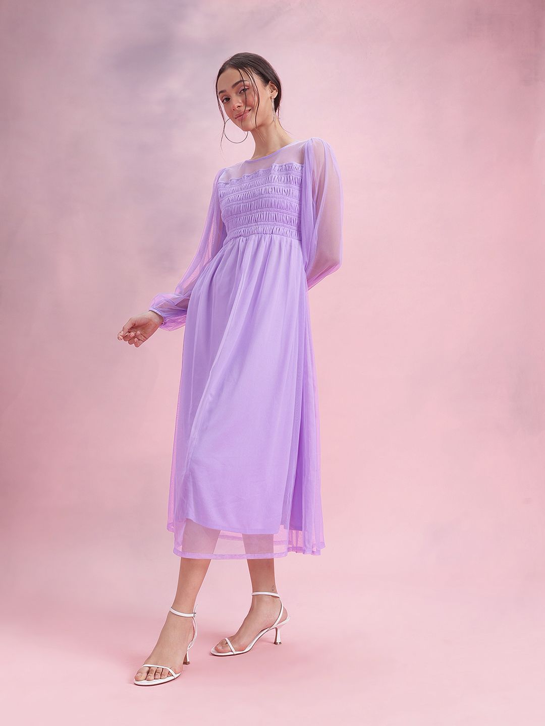 DressBerry Puff Sleeve Net Fit & Flare Midi Dress
