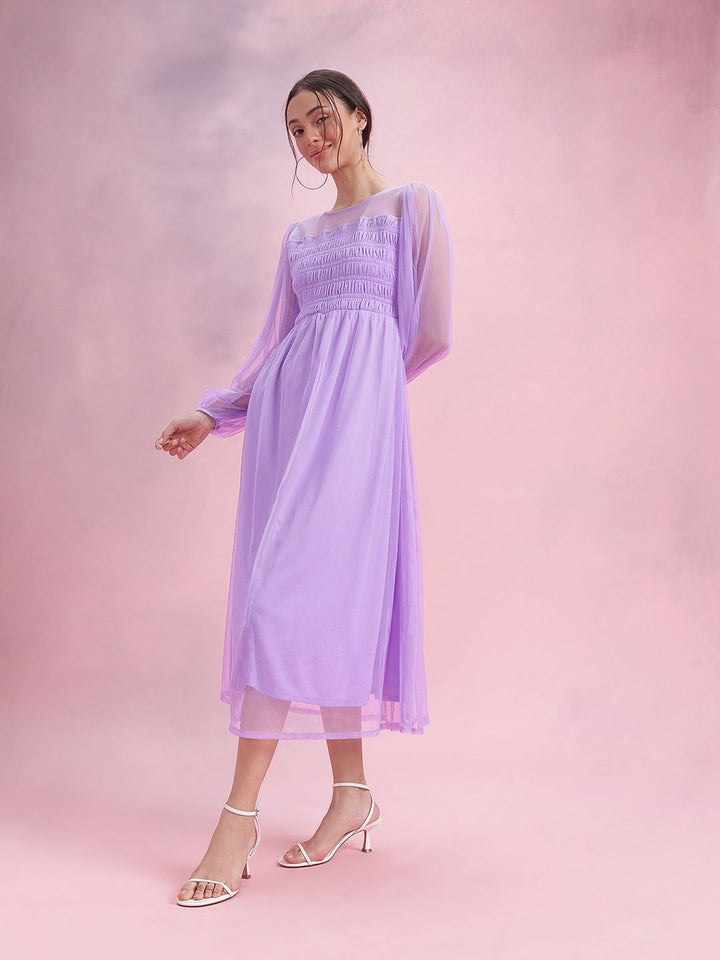 DressBerry Puff Sleeve Net Fit & Flare Midi Dress