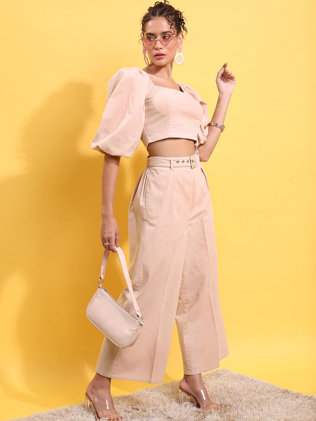 Tokyo Talkies Cropped Top With Flared Trouser & Belt